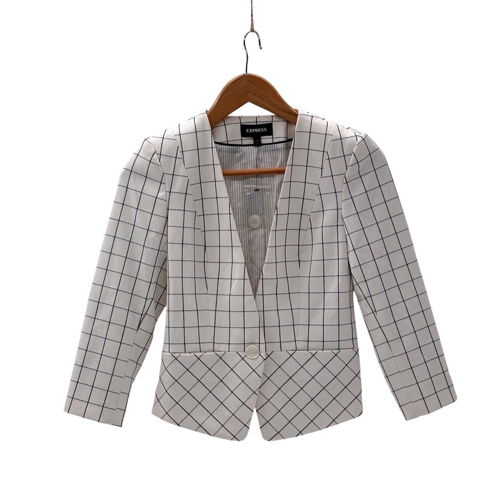 New Express Blazer Suit Jacket Women Size 0 White Black‎ Check